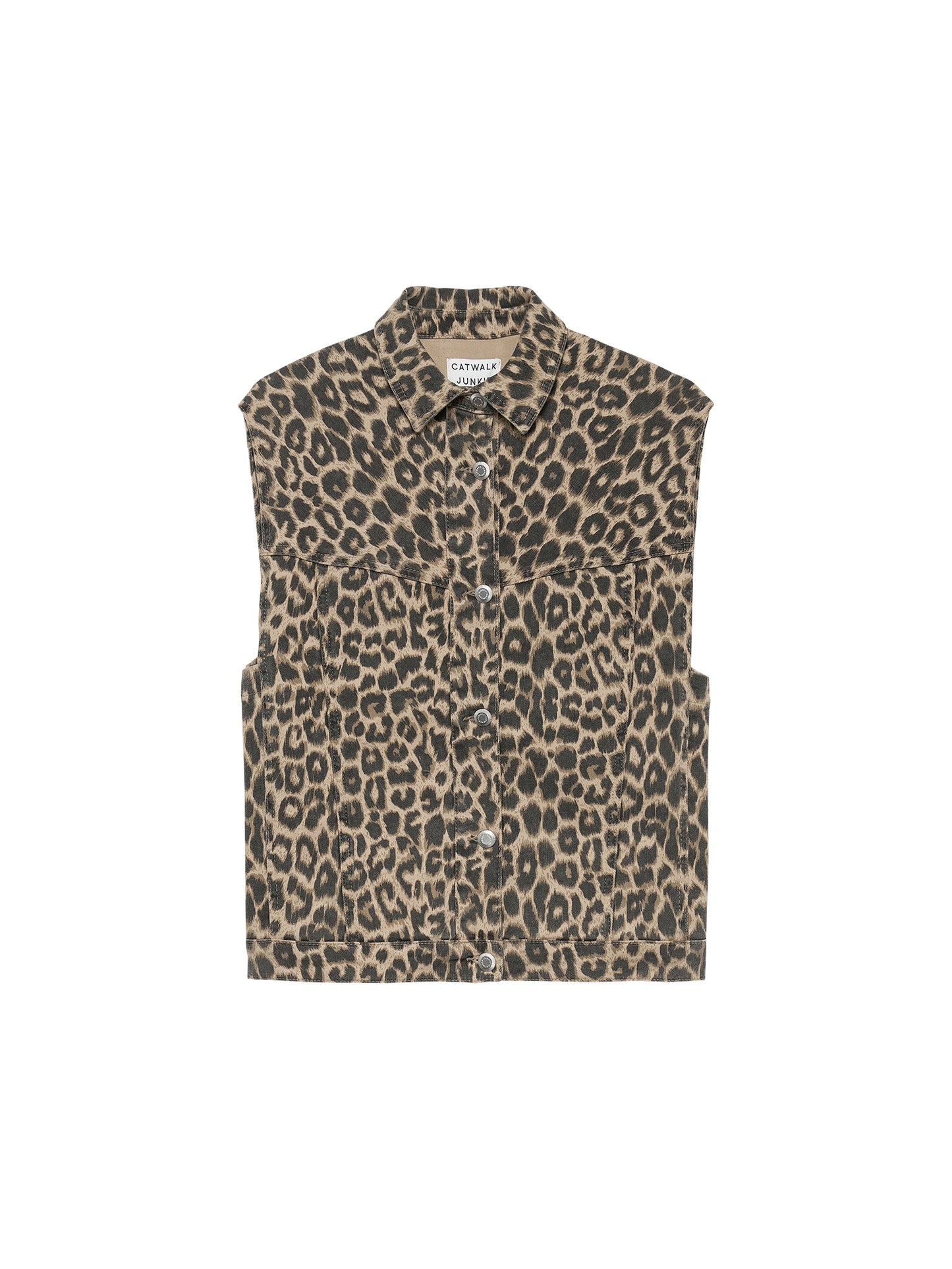 CWJSLEEVELESS Leopard Denim Jacket